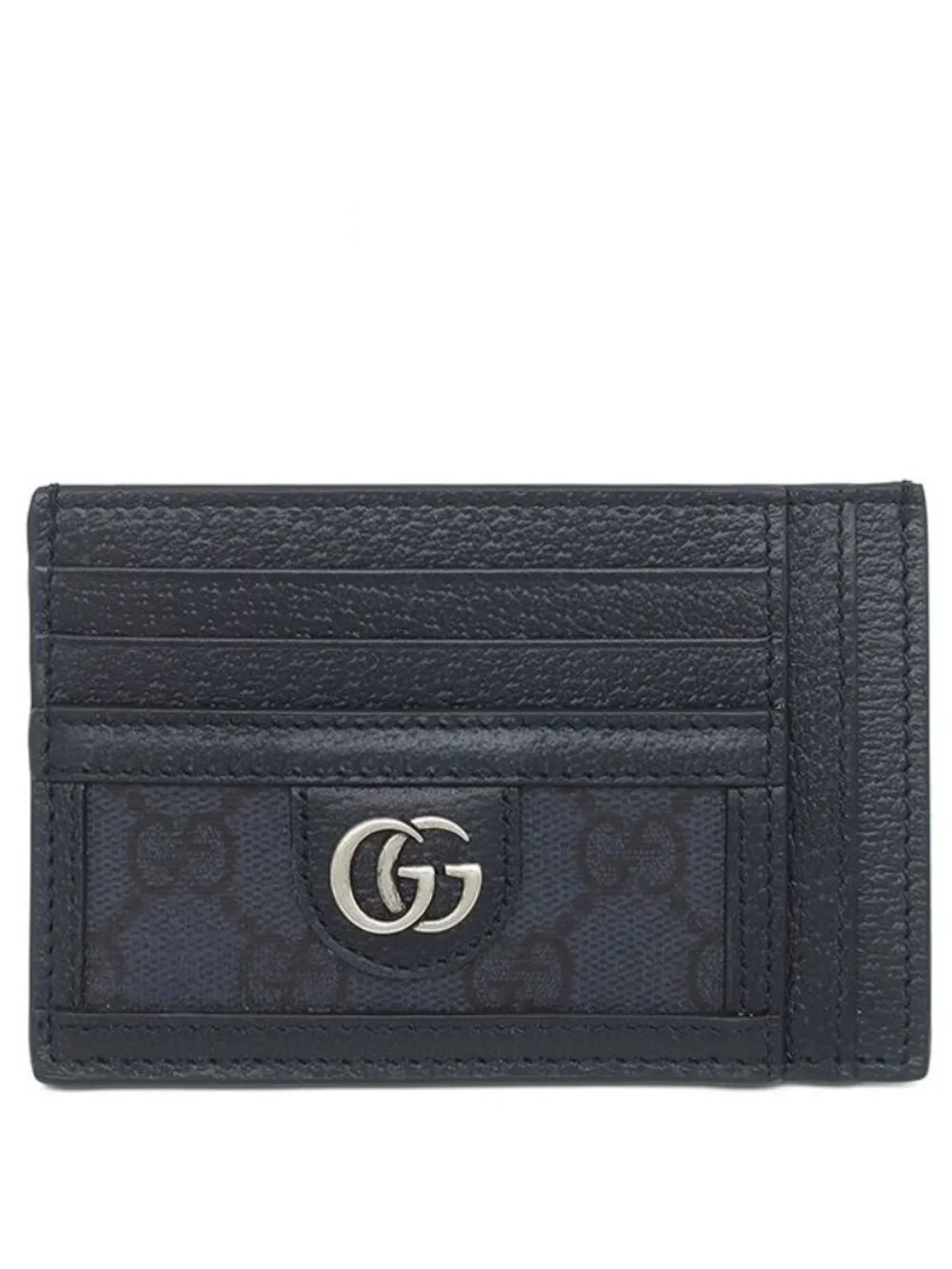 Gucci Card Case GG Supreme Canvas Leather Navy Blue Silver